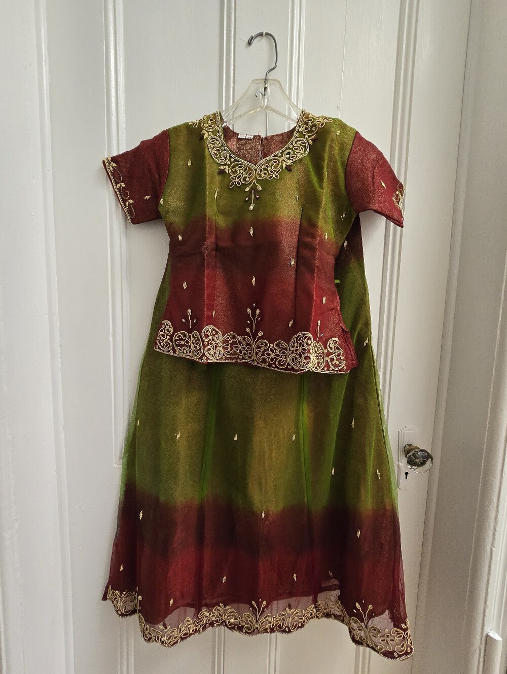 Girls Green & Burgundy Lehenga